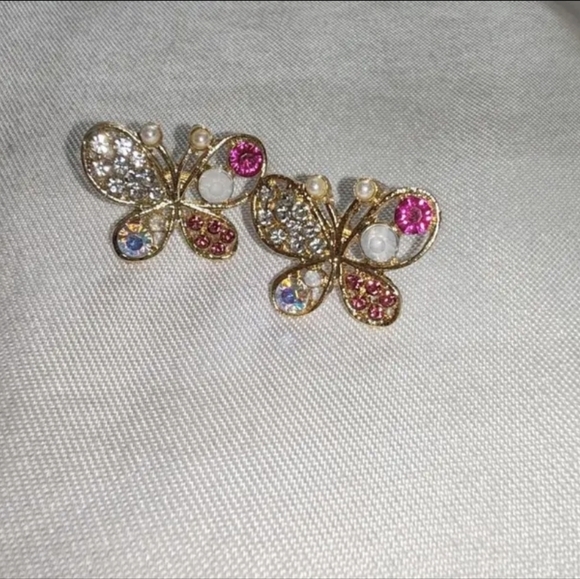 Sold‼️Boutique Golden Butterfly Stud Earrings with Pink & Iridescent Crystals - Picture 2 of 3